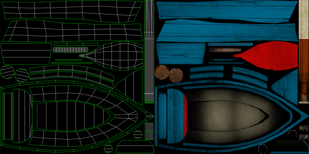 Rowboat texture maps. Left: UVW Map | Right: Diffuse map